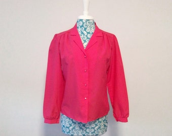 Vintage Pink Blouse // Puffed Sleeve Shirt  // Pearl Button Front 1980’s Top