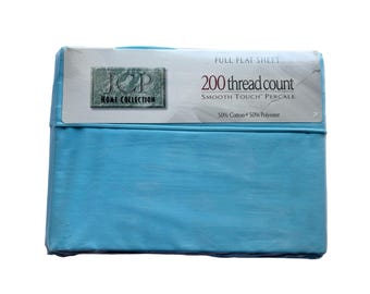 New NOS Vintage JC Penney Aqua FULL Flat Top Sheet : Spring Summer Bedding