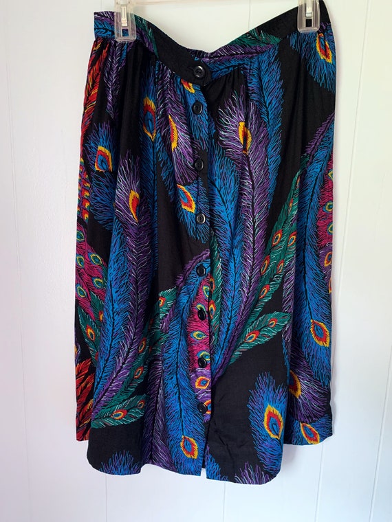 Vintage Peacock Skirt // Black Button Front Retro… - image 3