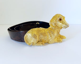 Vintage Kitschy Belt // Huge Gold Dog Buckle 1980’s Retro