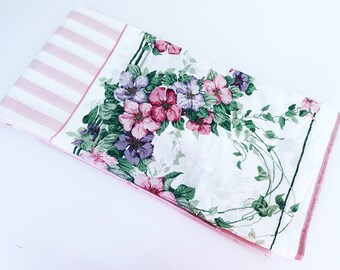 1990’s Vintage Sanderson Sheet // Country Cottage Floral // Pink & White Striped Twin Flat NOS