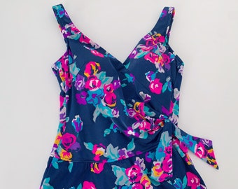 Vintage Maxine Of Hollywood Swimsuit // Blue And Candy Pink Floral // One Piece Romper Playsuit
