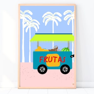 トロピカルフルーツスタンドのイラスト。ヤシの木と果物カートのポスター。  デジタルダウンロード。印刷可能なアート。