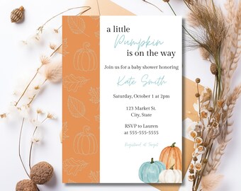 Faire-part de baby shower petite citrouille, invitation de baby shower d'automne, modèle modifiable de baby shower d'automne, baby shower de citrouille rustique imprimable