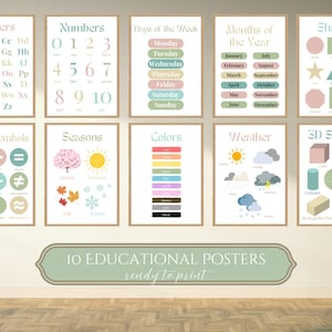 Educational Posters, 10 Homeschool Prints, Montessori Classroom Decor, Playroom Decor, Homeschool Decor, Kids Decor, Boho Classroom Decor