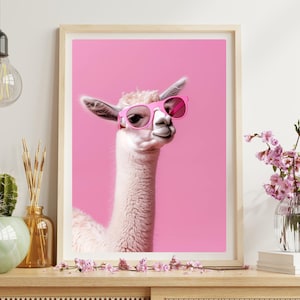 Funny Pink Llama Photo, Cute Llama Wearing Pink Sunglasses, Modern Studio style Wall Art, Quirky Animal Print, Animal Home Decor