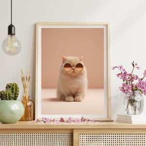 Puede incluir: Una impresión enmarcada que presenta un gato esponjoso y de color claro con gafas de sol redondas y teñidas de naranja. El gato está centrado sobre un fondo rosa suave. La impresión se exhibe en un mueble de madera con objetos decorativos.