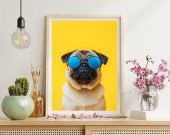 Funny Animal Wall Art, Cute Pug wearing Sunglasses, Cool Dog Print, Yellow Background