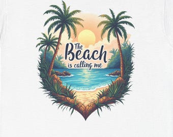 Tropical Beach Sunset Graphic Tee: Heart Palm Tree Frame