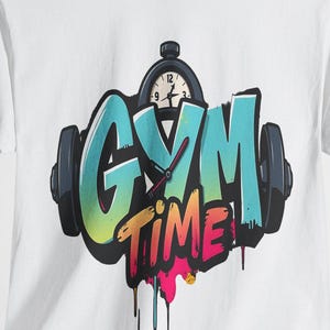 Peut inclure: T-shirt blanc avec un motif graphique coloré qui dit "Gym Time" avec une horloge et des poids.