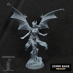 May include: A gray, detailed miniature figurine of a winged female demon with outstretched arms. The figure has horns, a flowing gown, and is standing on a circular base. The base is 25mm. The text "Relics & Realms" is in the lower left corner.