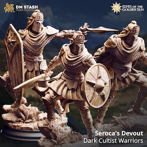 Può includere: Tre figurine di guerrieri dettagliate con spade e scudi. Le figure sono in posa dinamica, con armature ed elmi intricati. Il testo recita "Seroca's Devout Dark Cultist Warriors" e "Elves of the Golden Sun."