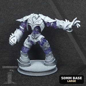 May include: A gray miniature figure of a fantasy character with a 50mm base. The figure has silver armor and purple, translucent sections. The figure is standing on a round base with the text "Relics & Realms" on the base.