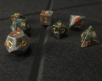 Natural Bloodstone Gemstone Dice Set | 7 Piece Polyhedral RPG Dice