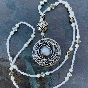 Beaded Filigree Locket Necklace, Memorabilia Jewelry, Antique Style Victorian Pearl Necklace, Gift for Her