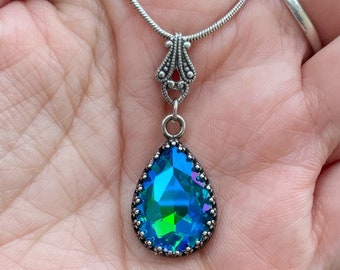 Green Blue Tear Drop Pendant, Silver Aqua Necklace, Sparkling Teal, Two Tone Rhinestone, Gift for Women