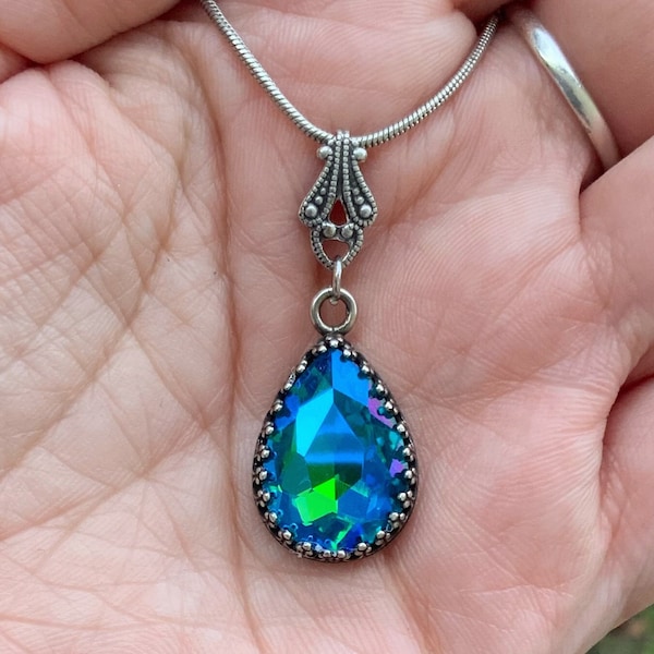 Green Blue Tear Drop Pendant, Silver Aqua Necklace, Sparkling Teal, Two Tone Rhinestone, Gift for Women