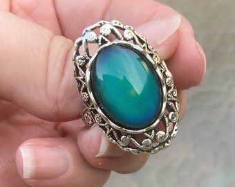 Mood Ring Large Antique Silver Adjustable Filigree Vintage Retro Style