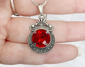 Ruby Rhinestone Pendant: Antique Silver Crystal Necklace