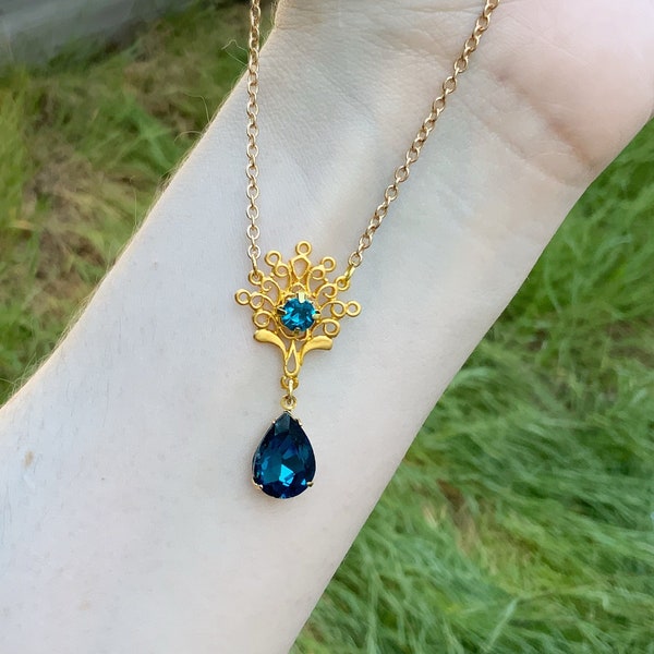 Gold Peacock Blue Filigree Drop Necklace 1800s Georgian Cosplay High Society Lady Wedding Necklace Gift For Her