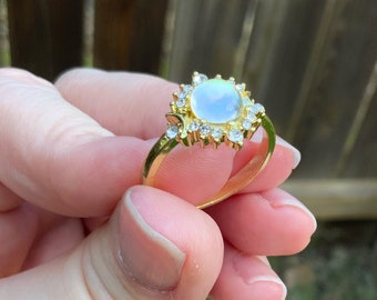 Gold Tone Opal Moonstone Celestial Goddess Ring, Gift for Women
