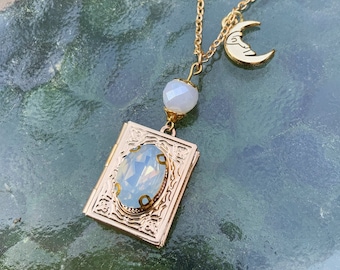 Book Locket White Opal Rhinestone, Locket Gift for Her, Gold Tone Book Shaped Necklace, October Birthday Gift, Celestial Charm