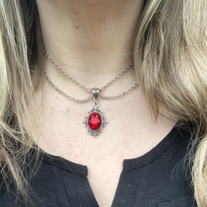 Ruby Gothic Crystal Choker, Red Stone Necklace, Antique Silver, Double Chain, Gift for Women, Romanic Vampire