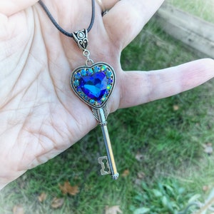 Heart Silver Key Necklace, Heliotrope Rhinestone Heart, AB Crystals, Gift for Women