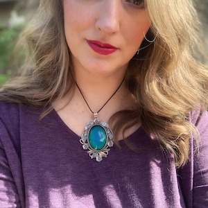 Color Changing Mood Necklace, Antique Silver Filigree, Large Statement Pendant, Gift for Women