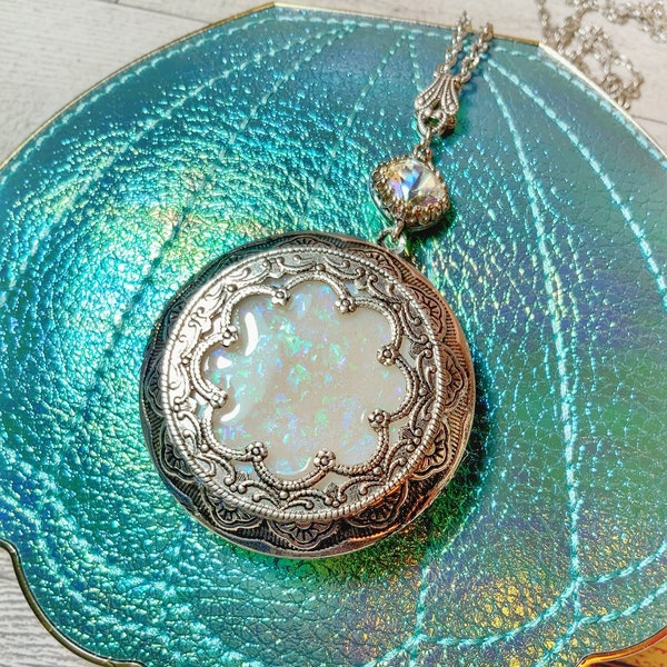 Baroque and Rococo Antiqued Silver Locket Necklace Moonstone Opal Round Filigree Keepsake Photo Locket