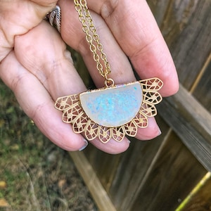 Opal Moonstone Necklace, Half Circle, Gold Tone, Boho, Artsy, Wedding, On 18 Inch Chain, Celestial Moon Goddess, Gift for Women