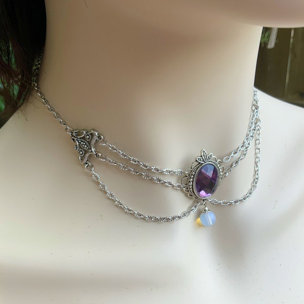 Victorian Vampire Amethyst Gothic Choker Necklace, Antique Silver Toned, Sparkle Purple Rhinestone, Filigree Pendant, Fantasy Gift