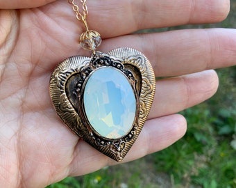 Keepsake Opal Moonstone Heart Locket, Handmade Gift