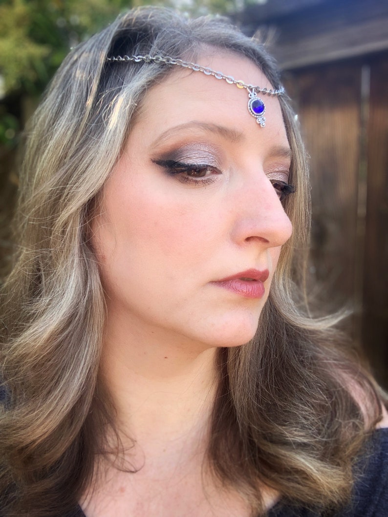 Silver Sapphire Forehead Tiara Fantasy Renaissance Fair Fairy Core Minimalist Wedding Bride Cosplay Dress Up image 7