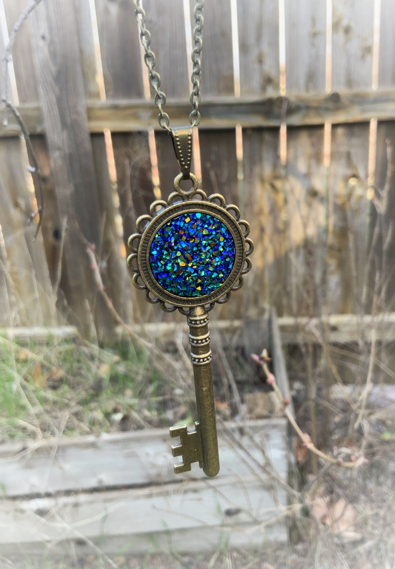 Antique Bronze Key Necklace Druzy Necklace Boho Key Pendant Etsy