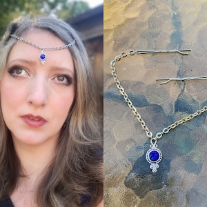 Silver Sapphire Forehead Tiara Fantasy Renaissance Fair Fairy Core Minimalist Wedding Bride Cosplay Dress Up