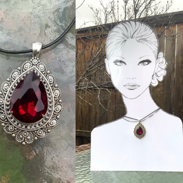 Garnet Red Drop Necklace, Antique Silver, Rhinestone Pendant, Adjustable, Gift for her