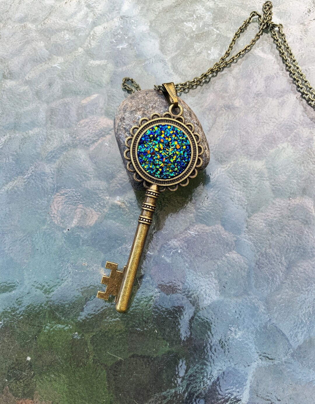 Antique Bronze Key Necklace, Druzy Necklace, Boho Key Pendant, Git for