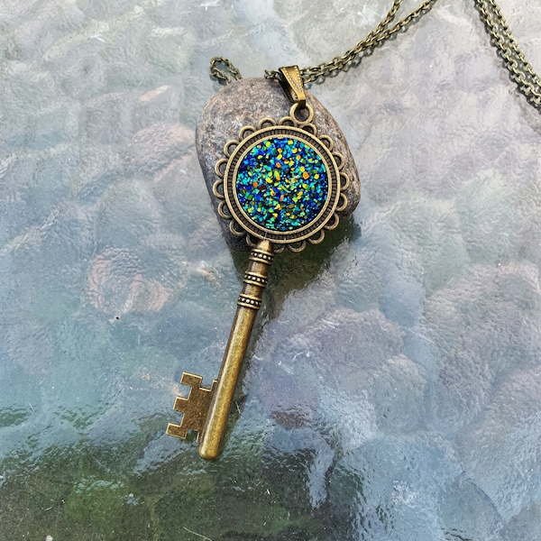 Collier clé en bronze antique, collier Druzy, pendentif clé Boho, Git pour les femmes