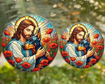 Jesus and Doberman Stained Glass Suncatcher, Pet Memorial Window
