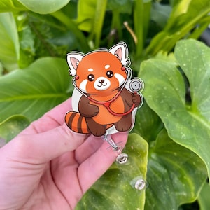 Bobine de badge mignon panda roux - Support pour carte d'identité d'infirmière avec stéthoscope - Clip animal kawaii pour infirmière autorisée, technicien vétérinaire, personnel médical ou cadeau de bureau, accessoire