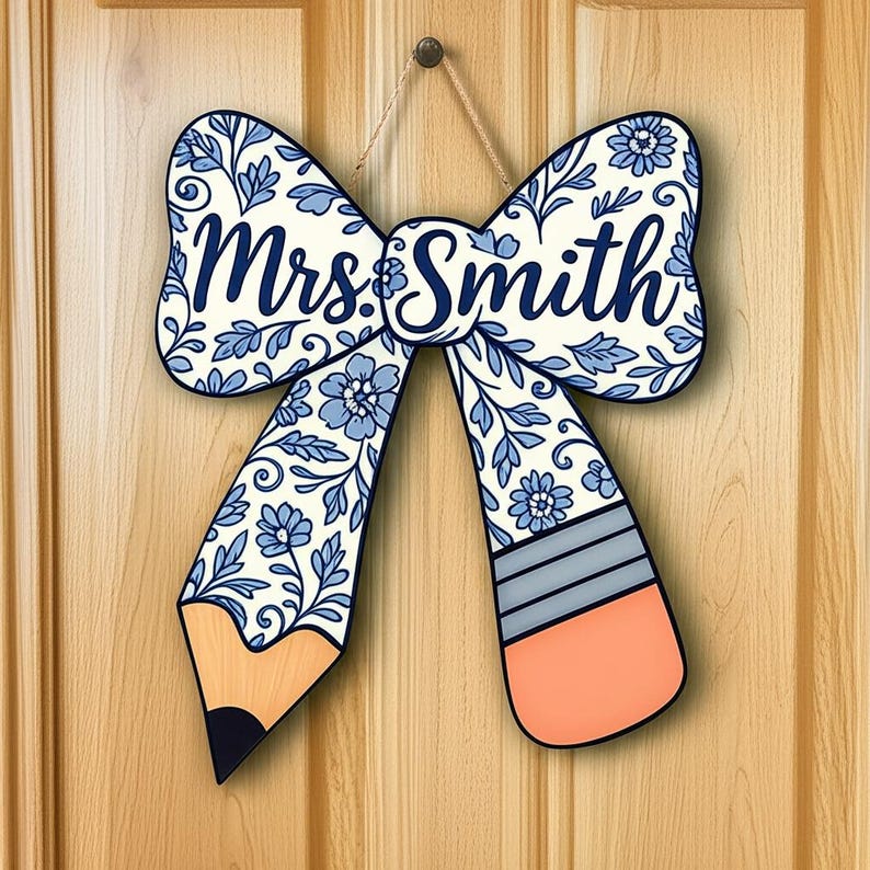 Chinoiserie Teacher Door Sign, Personalized Pencil Bow Wooden Hanger, Custom Classroom Decor, Back to School Gift for Teacher, Class Sign