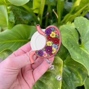 Floral Stomach Badge Reel - Cute Anatomy ID Clip for GI Nurses, Gastroenterologists, and Medical Professionals, Nurse Badge Clip Accessory