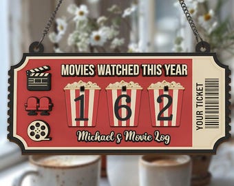 Bord filmtracker, films bekeken dit jaar, gepersonaliseerd cadeau filmlogboek, decor thuisbioscoop, filmavondcadeau voor hem