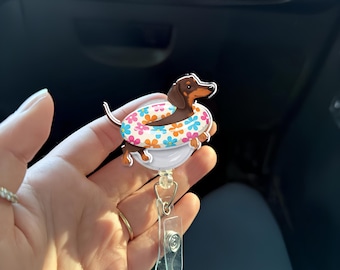 Dachshund Summer Badge Reel – Cute Dog with Pool Float ID Holder – Funny Vet Tech, Nurse, Teacher Gift, Pet Lover Office Accessory