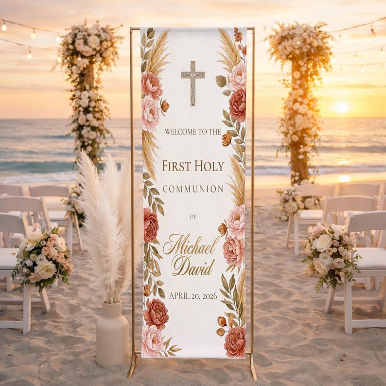 Custom First Holy Communion Linen Sign, Floral Religious Welcome Banner ...