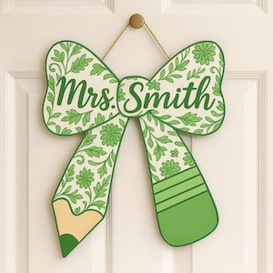 Chinoiserie Teacher Door Sign, Personalized Pencil Bow Wooden Hanger, Custom Classroom Decor, Back to School Gift for Teacher, Class Sign