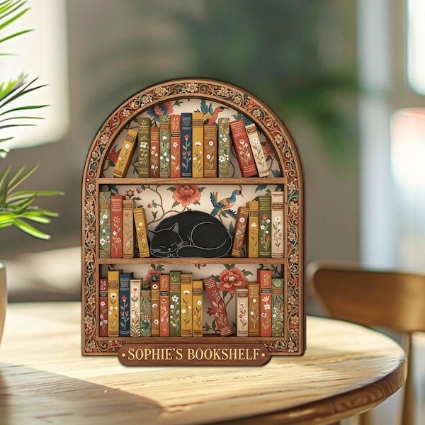 Personalized Floral Bookshelf Wooden Block, Personalized Cat Library Decor, Custom Book Lover Gift,Cozy Reading Nook Shelf Art,Bookish Decor