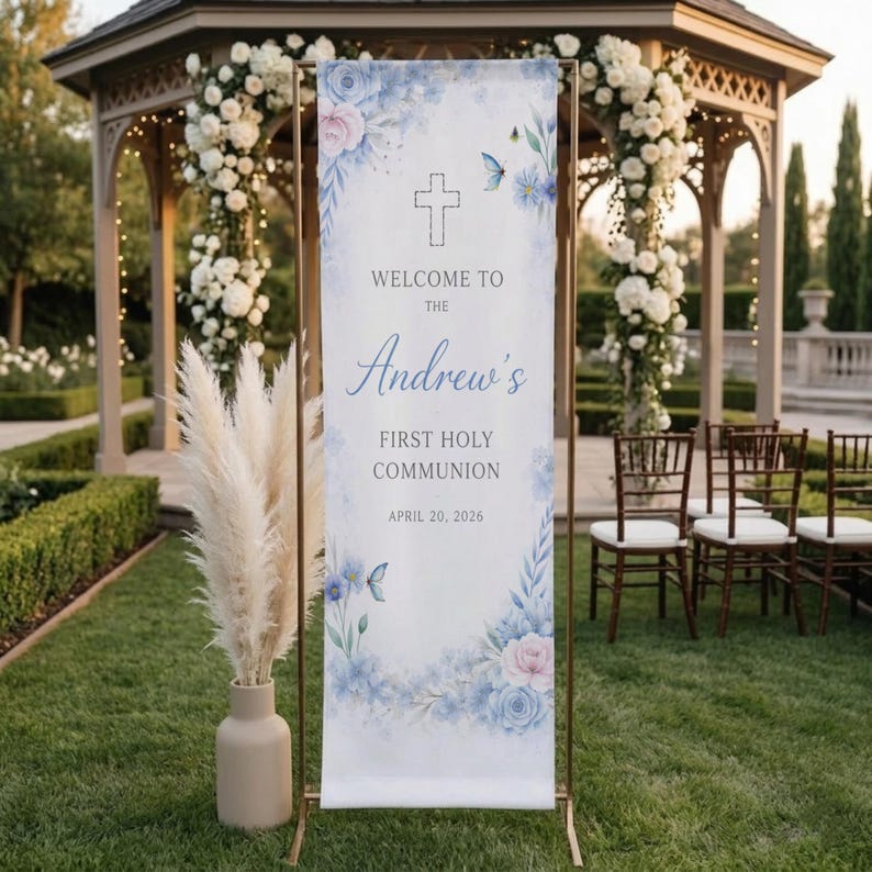 Communion Post Sign Personalized First Holy Communion Welcome Sign, Floral Linen Banner ...