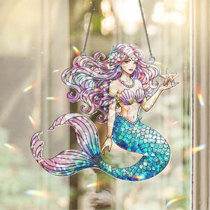 Mermaid ACRYLIC Hologram Ornament – Hanging Ocean Decor with Iridescent Shine, Sea Princess Ornament for Window or Coastal Room, Beach House